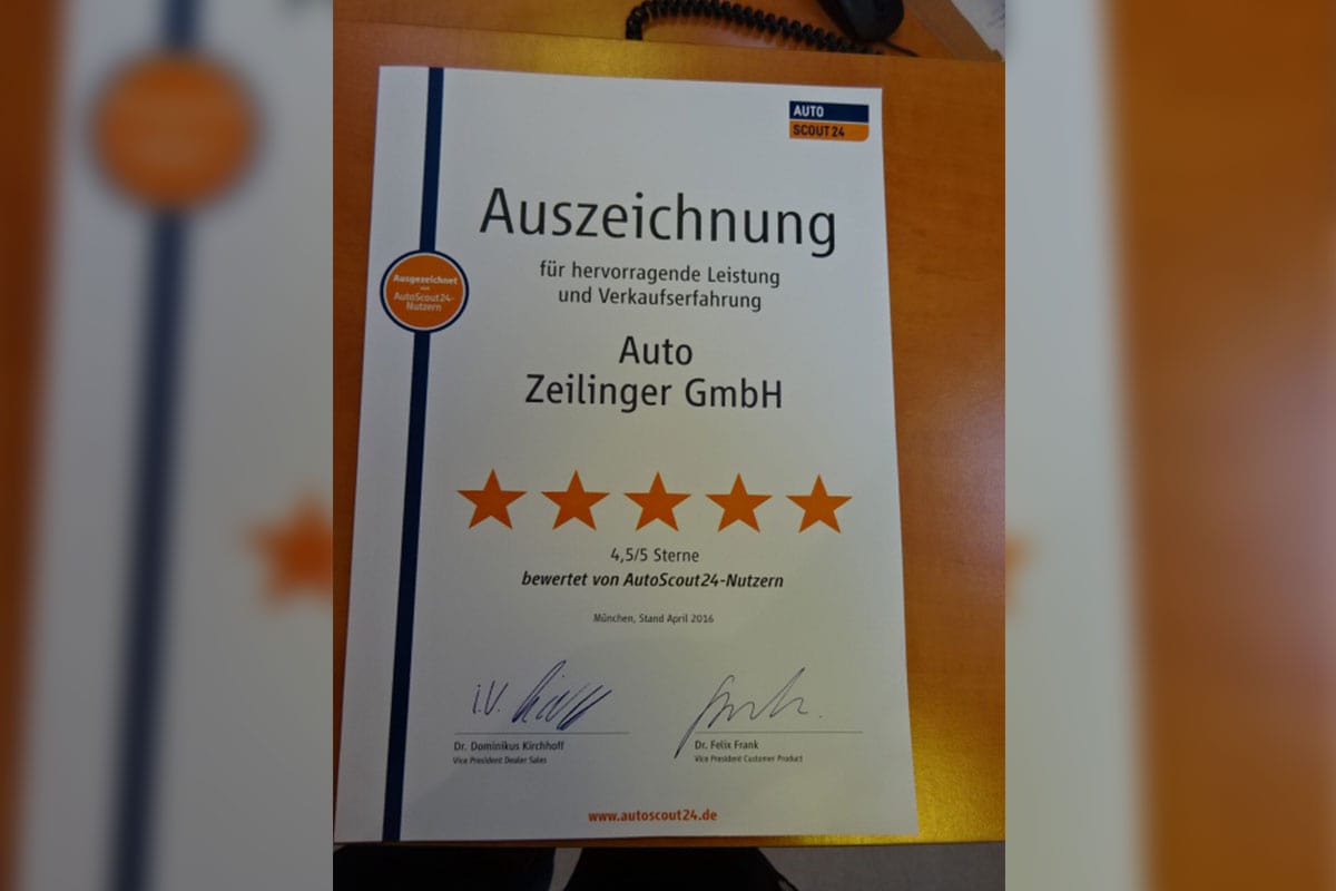 Auszeichnung 2016 für Auto Zeilinger GmbH von Autoscout24